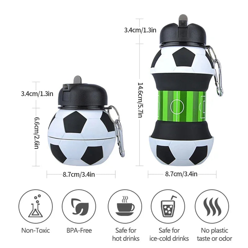 Portable Football-Shaped Kids Water Bottle – 600ml Leakproof, Foldable Silicone for Outdoor Sports