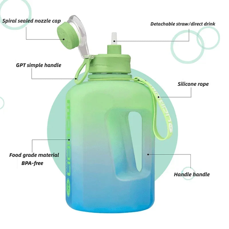 2.2L Large Capacity Gradient Sports Water Bottle with Straw – Portable & Durable Fitness Kettle