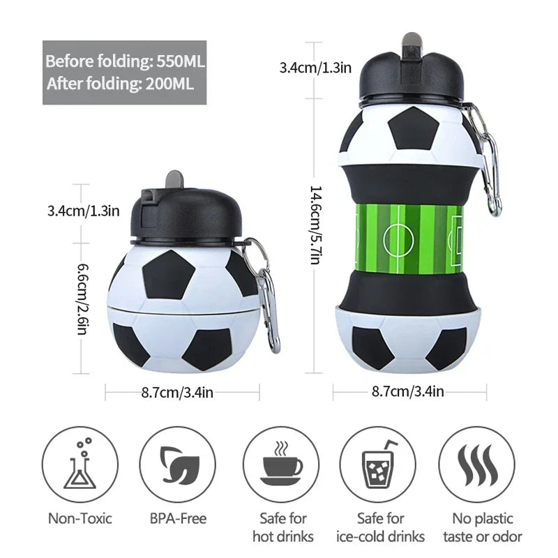 Portable Football-Shaped Kids Water Bottle – 600ml Leakproof, Foldable Silicone for Outdoor Sports