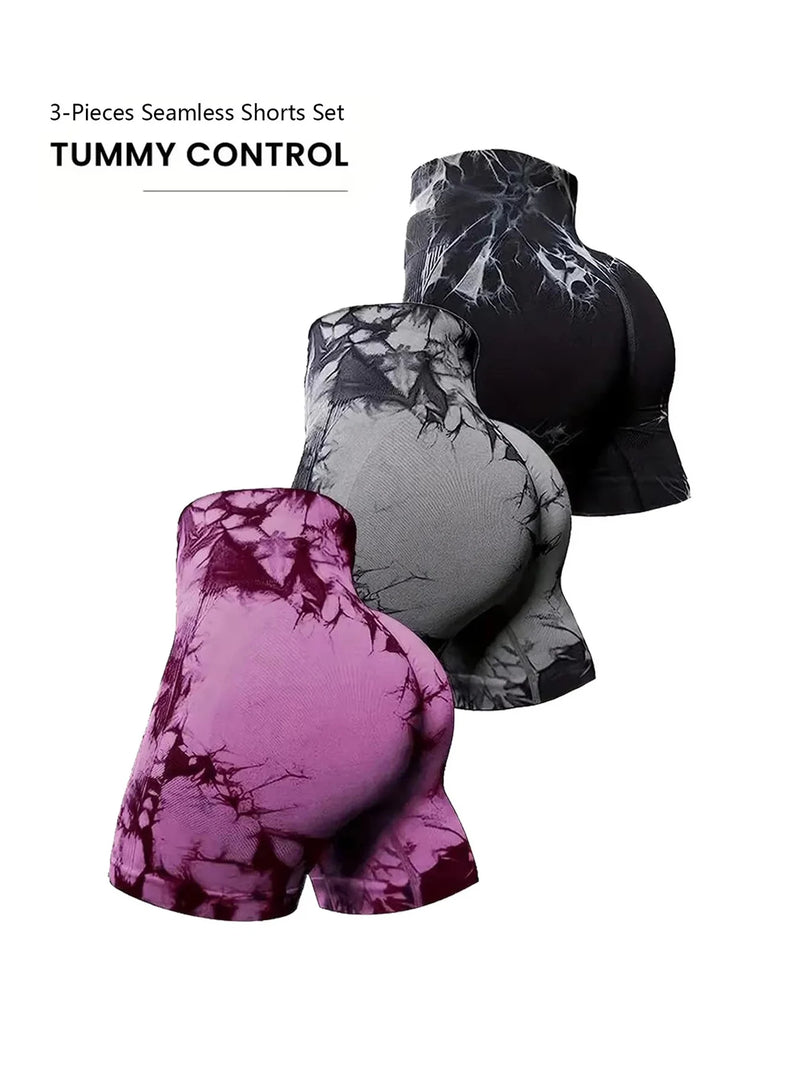 3-Piece Seamless Tie-Dye High-Waisted Workout Shorts for Women | Scrunch Butt Lifting Yoga & Gym Activewear